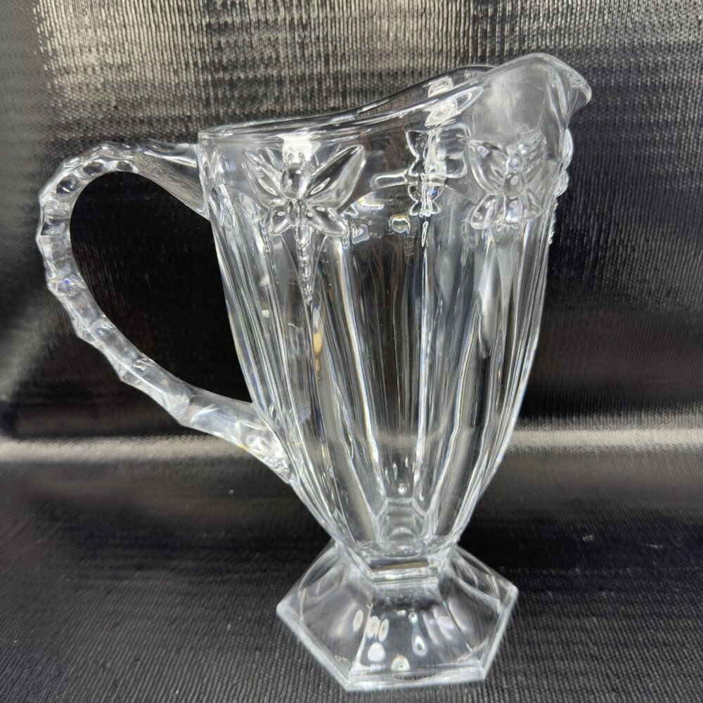 Vintage Clear Thick Heavy Glass Crystal‎ Pitcher Jug Butterfly Dragonfly Pattern